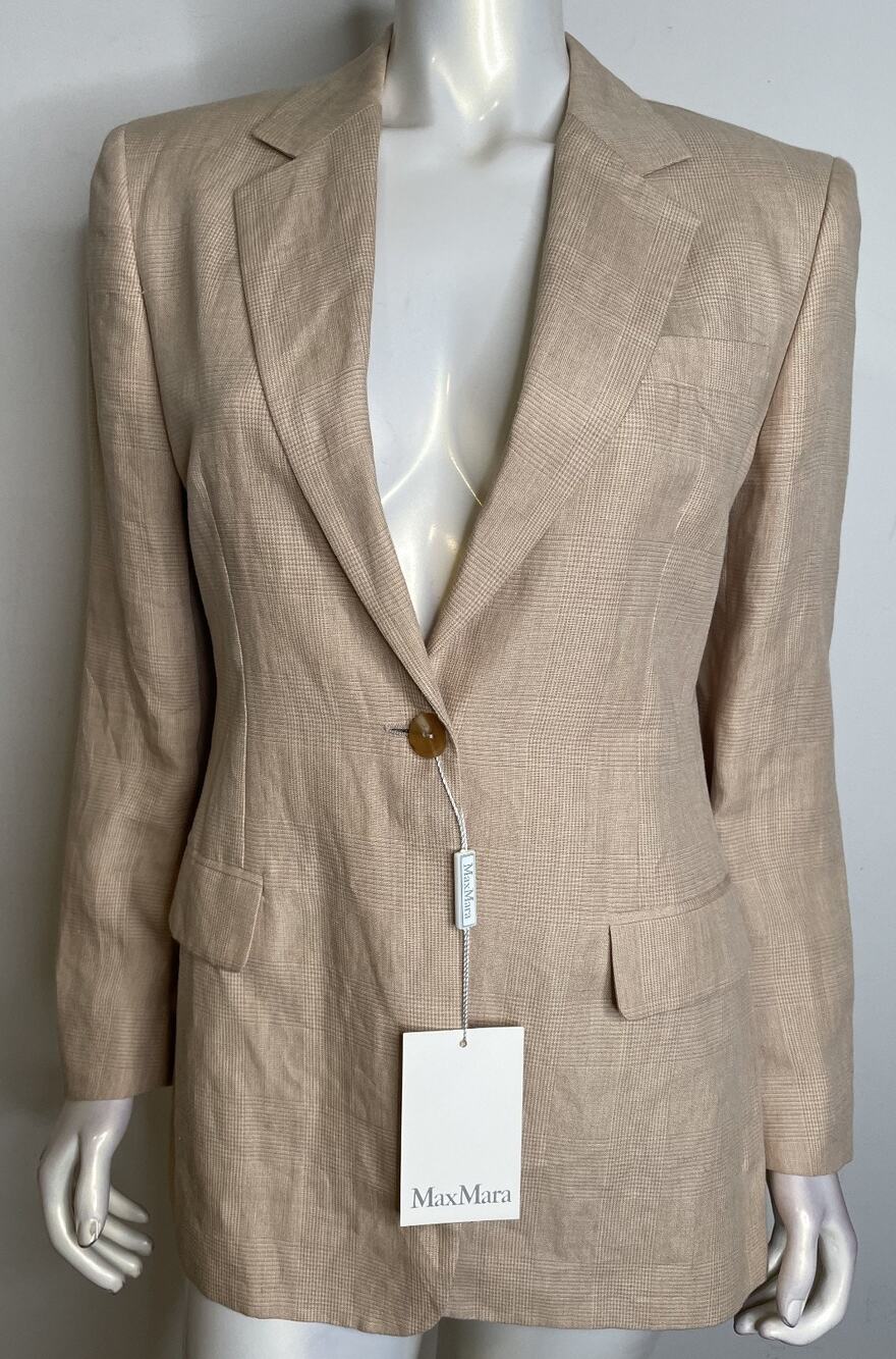 Max Mara Beige White Plaid Linen Blazer Jacket Womens 10 NWT Pockets Italy